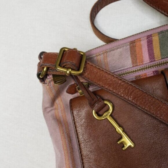 Fossil Kinley Crossbody Bag Cotton Leather Multicolor Stripes Key Charm - Picture 7 of 16